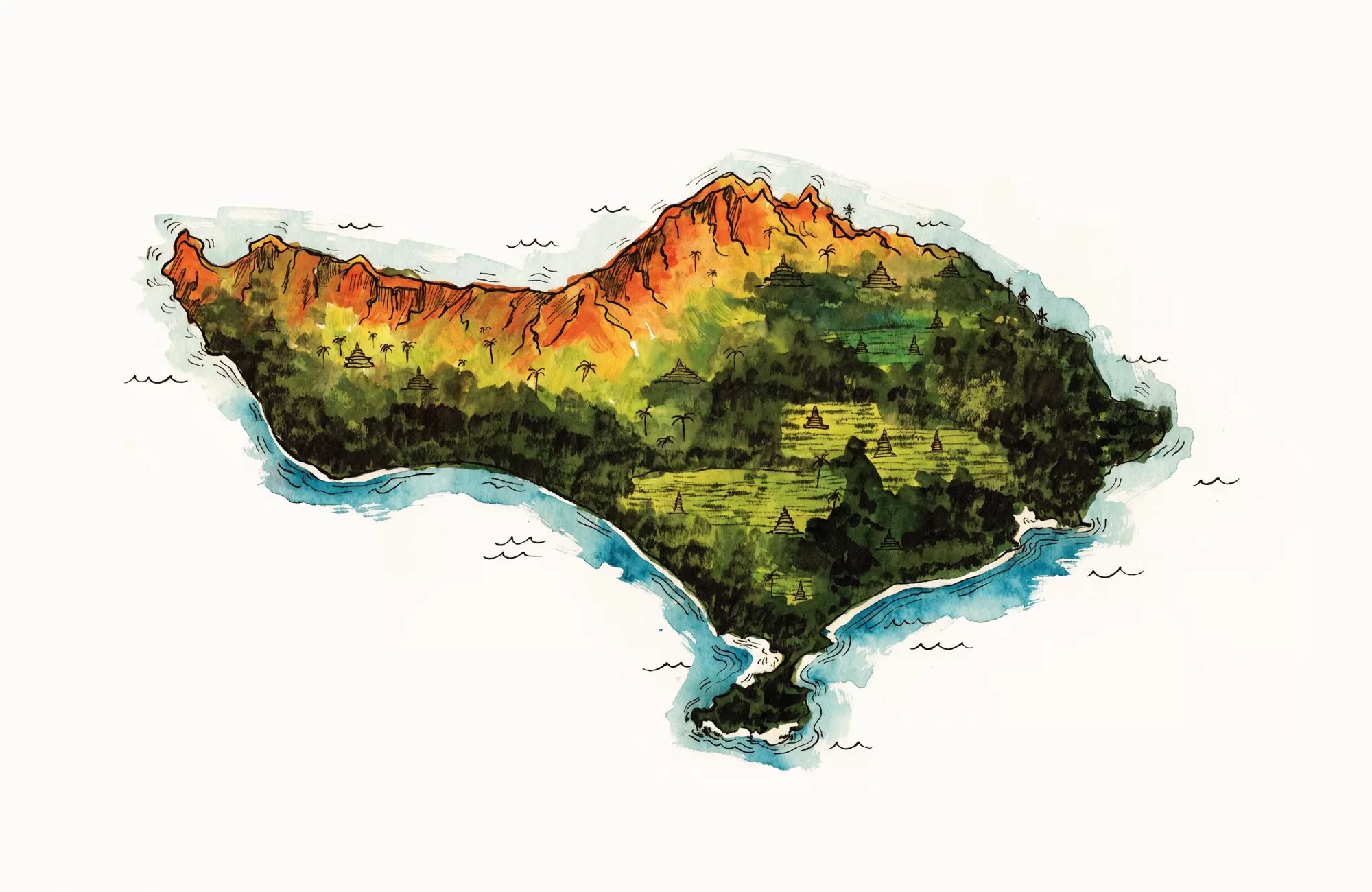 Hand-painted watercolor map of Bali